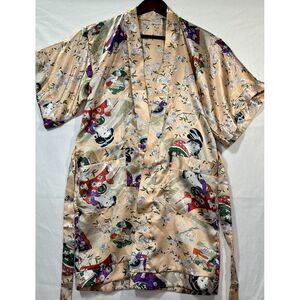 Vintage Cindrela Kimono Sleepwear Robe‎ Womens Pink Silk Belted 3/4 Sleeve